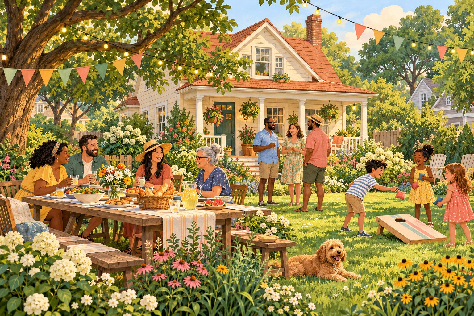 Original cartoon of a fictional home with neighbors sharing a picnic, chatting under bunting, and children playing a lawn game.